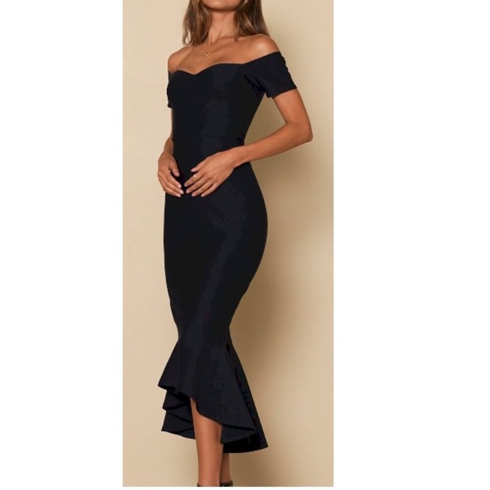 Lulu's How Much I Care Black Off-the-Shoulder Midi Dress XS New NWT